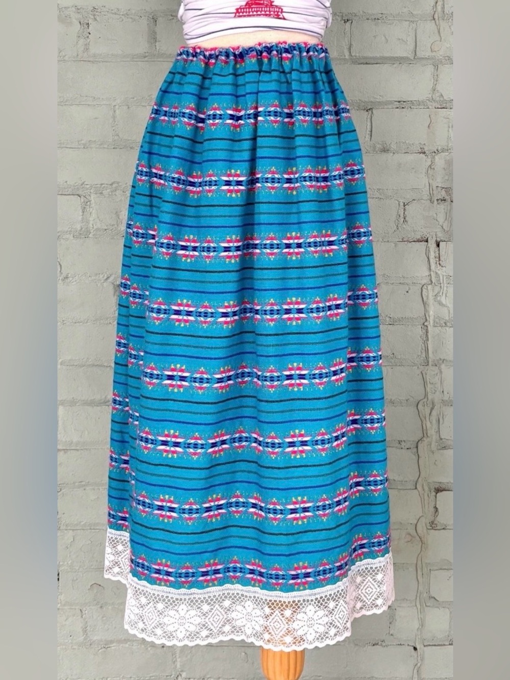 Vintage Blue Patterned Maxi Folk Skirt - Turquoise Aztec Print